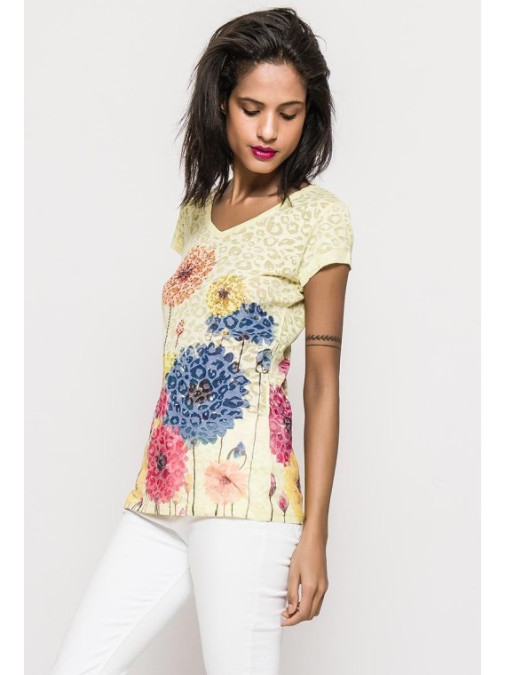 t-shirt burn out fleurs - col V