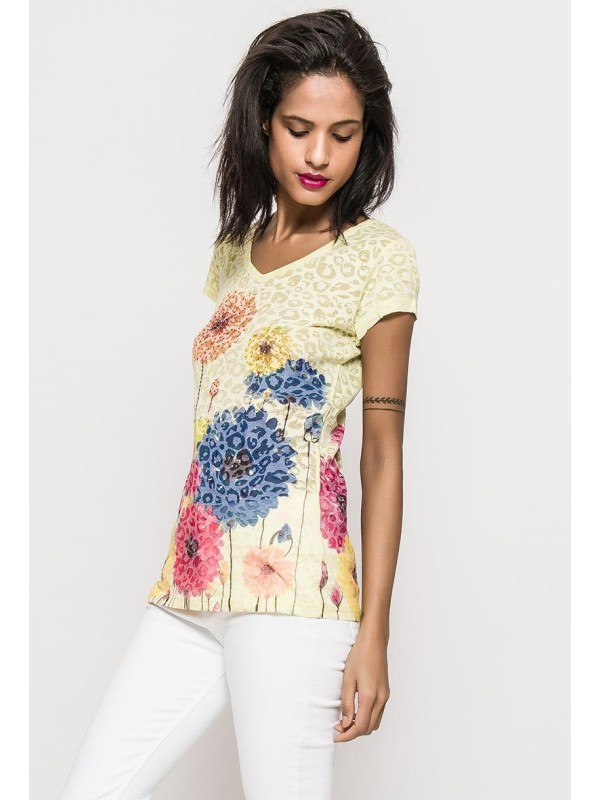 t-shirt burn out fleurs - col V
