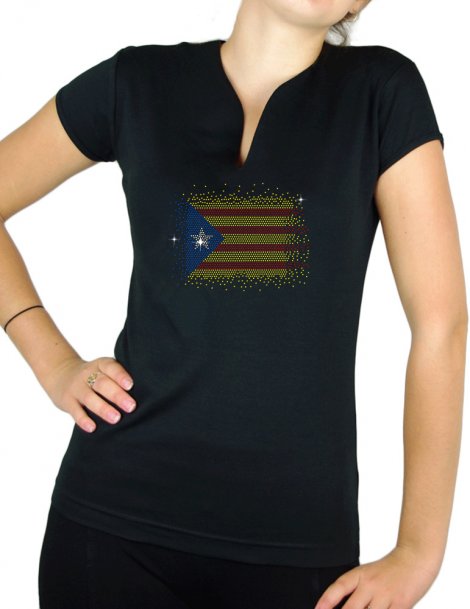 Drapeau catalan en strass- T-shirt femme Col V