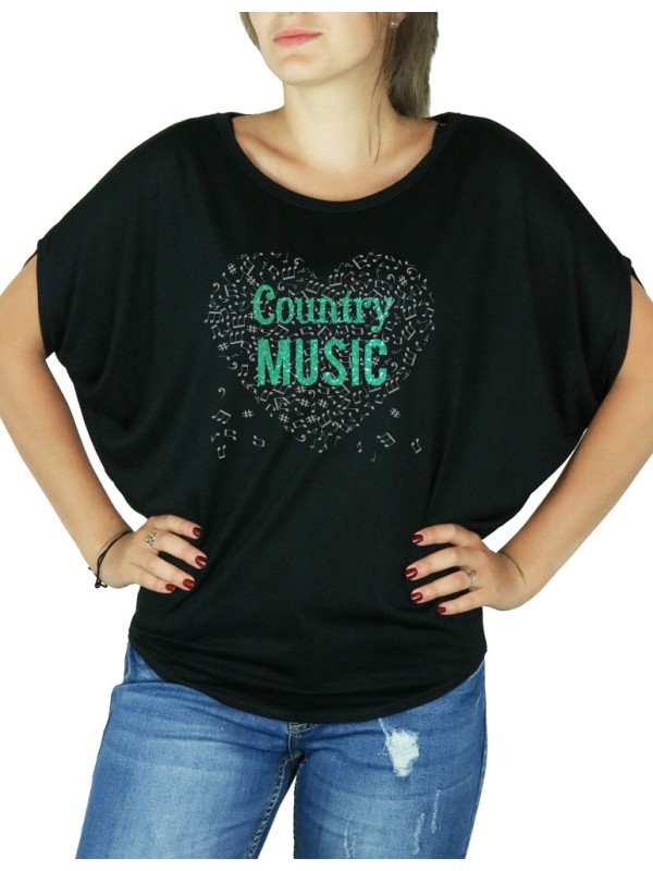 Coeur de musique Country T-shirt femme Manches Chauve Souris