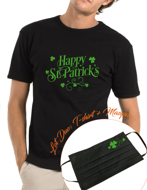 happy st Patrick LOT DUO Tee shirt homme et masque assorti