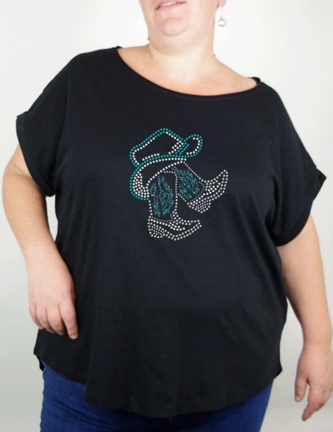 T-shirt femme grande taille avec strass Bottes et chapeau country 