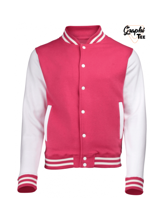 Veste college rose, teddy manches blanche