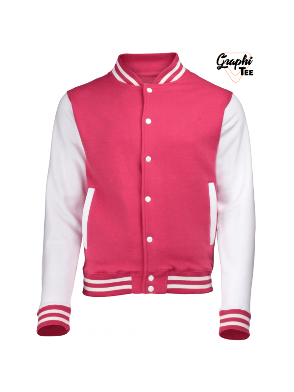 Veste college rose, teddy manches blanche
