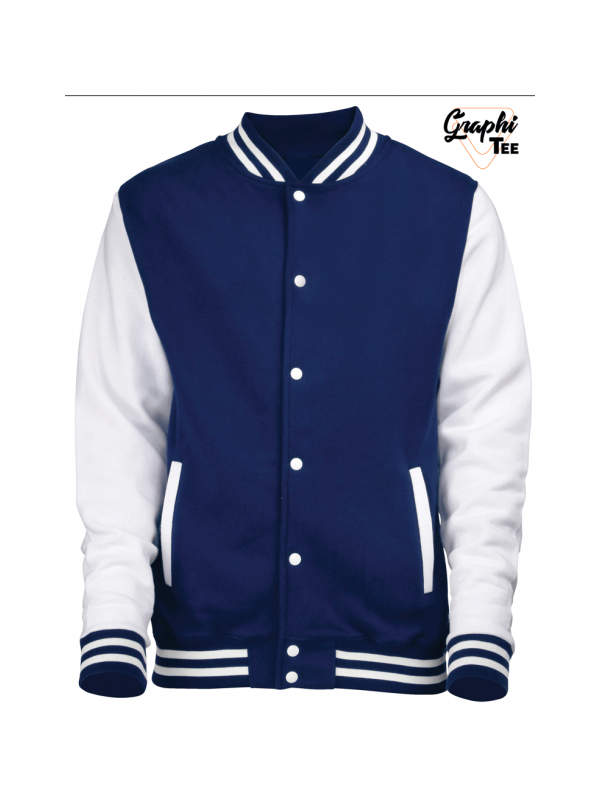 Veste college marine, teddy manches blanche