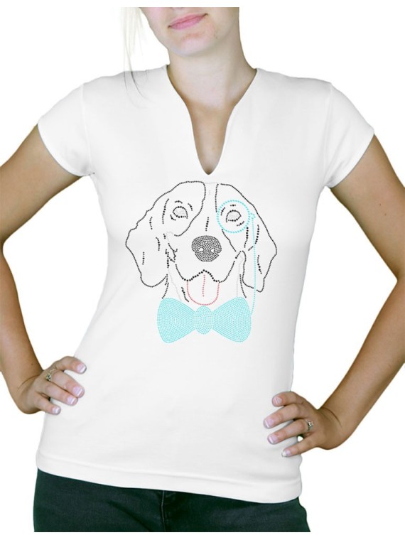 Chien monocle  strass - T-shirt femme Col V
