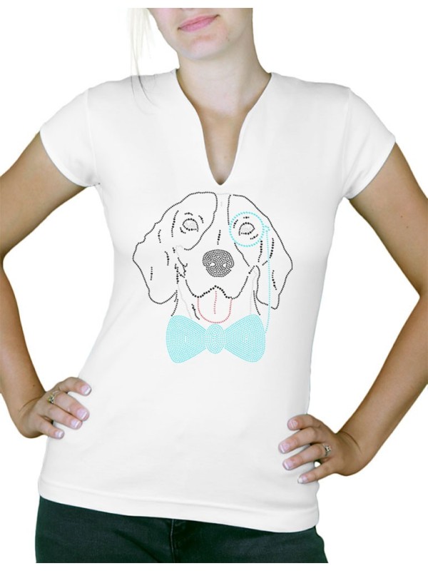 Chien monocle  strass - T-shirt femme Col V