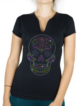 Crâne Mexicain Floral - T-shirt femme Col V