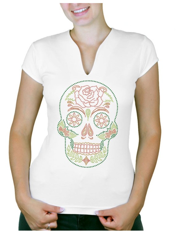 Crâne Mexicain  Floral - T-shirt femme Col V