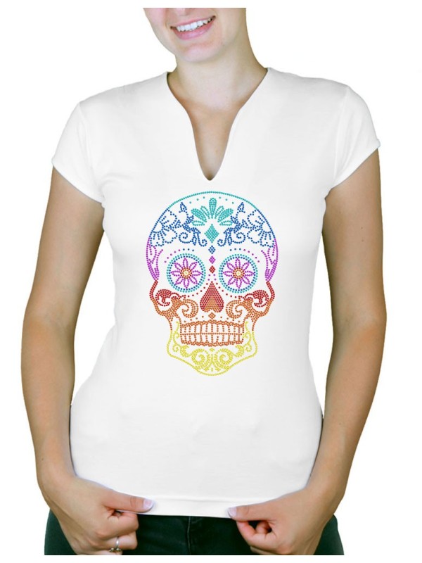 Tête de Mort Mexicaine Mluticolre - T-shirt femme Col V