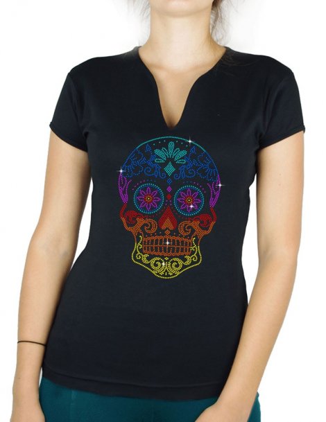 Tête de Mort Mexicaine Mluticolre - T-shirt femme Col V