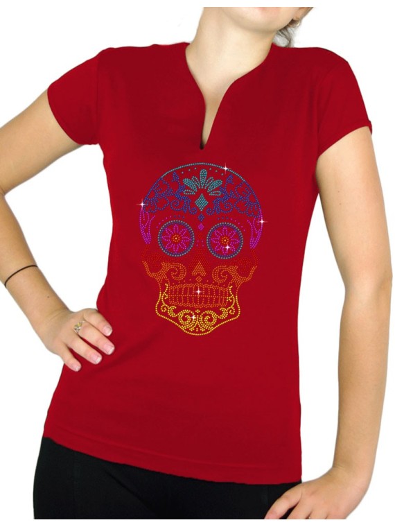 Tête de Mort Mexicaine Mluticolre - T-shirt femme Col V
