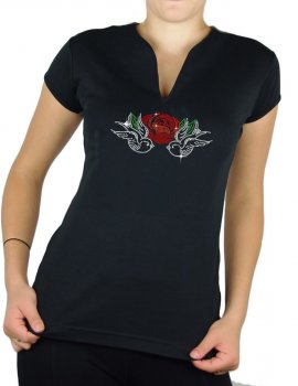 Hirondelles & Rose- T-shirt femme Col V