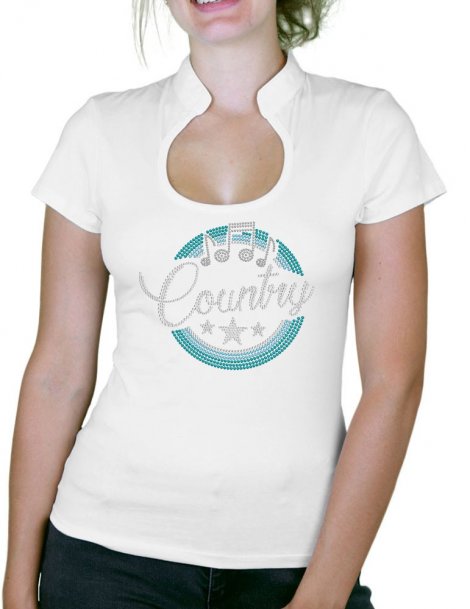 Macaron Country Turquoise- T-shirt femme Col Omega