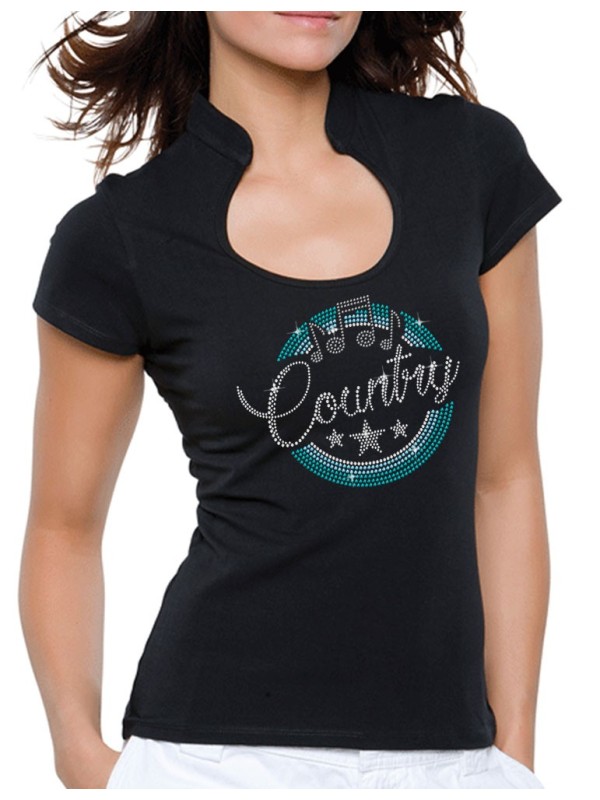 Macaron Country Turquoise- T-shirt femme Col Omega