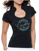 Macaron Country Turquoise- T-shirt femme Col Omega