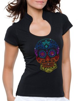 Tête de Mort Mexicaine Multicolore - T-shirt femme Col Omega