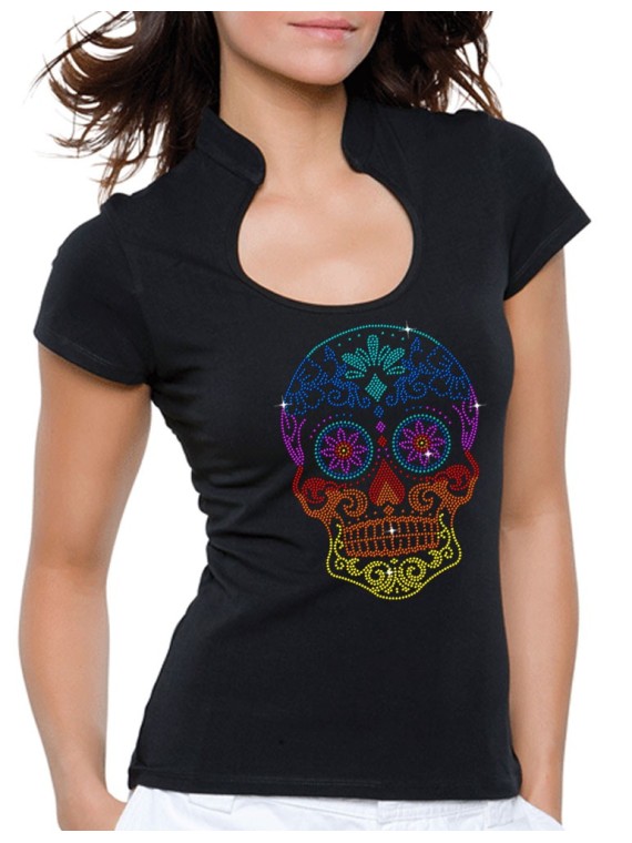 Tête de Mort Mexicaine Multicolore - T-shirt femme Col Omega