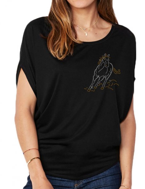 Cheval Au Galop Strass- T-shirt femme Manches Chauve Souris