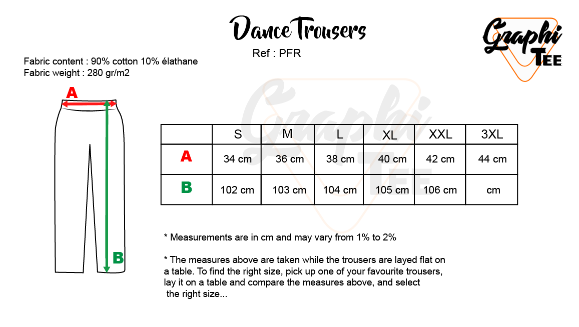 dance trousers guide of sizes
