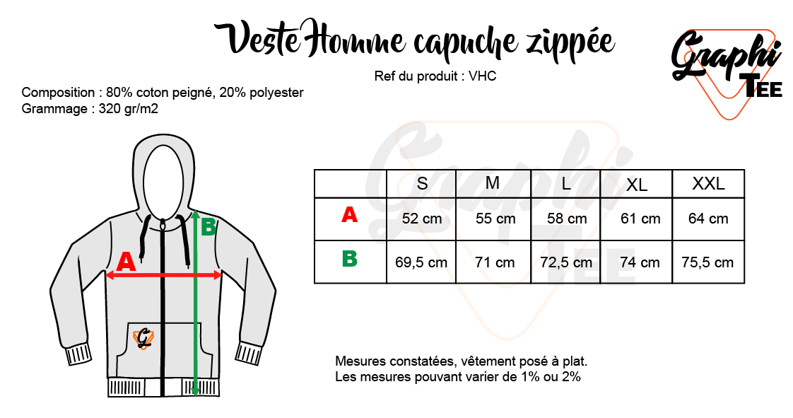 Guide des tailles sweat capuche homme Graphi-tee