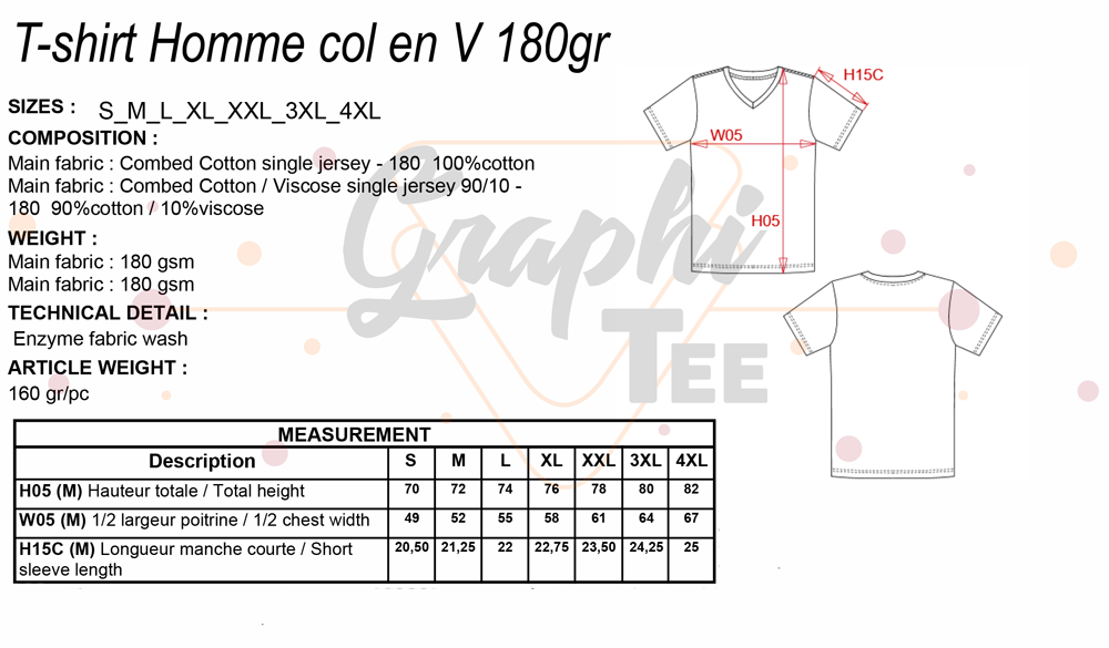 Guide des tailles t-shirt homme col en V